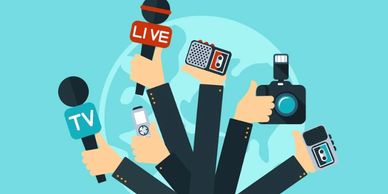 Multiple hands holding media equipment against a world map background.