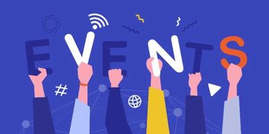 Hands holding letters spelling EVENTS on a blue background.