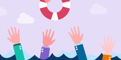 Illustration of hands reaching out from water for a life ring.