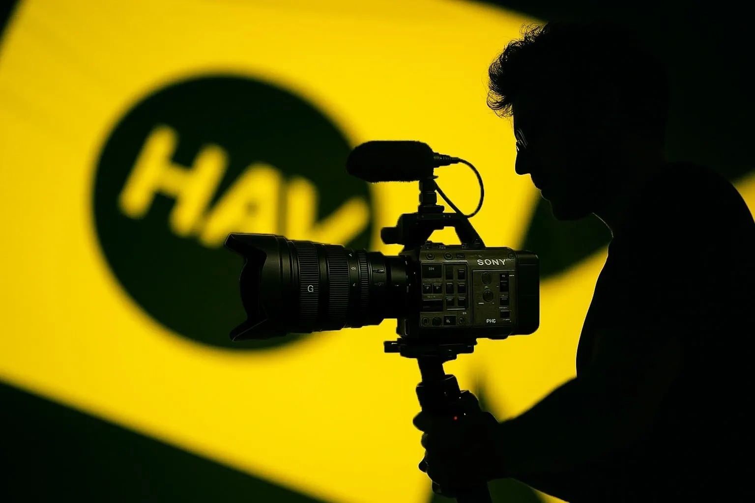 Silhouette of a person filming with a Sony camera against a yellow background.