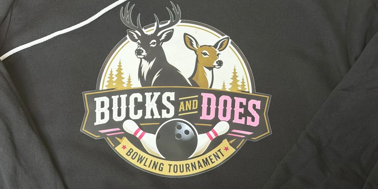 T-shirt design featuring deer and bowling pins for Bucks and Does Bowling Tournament.