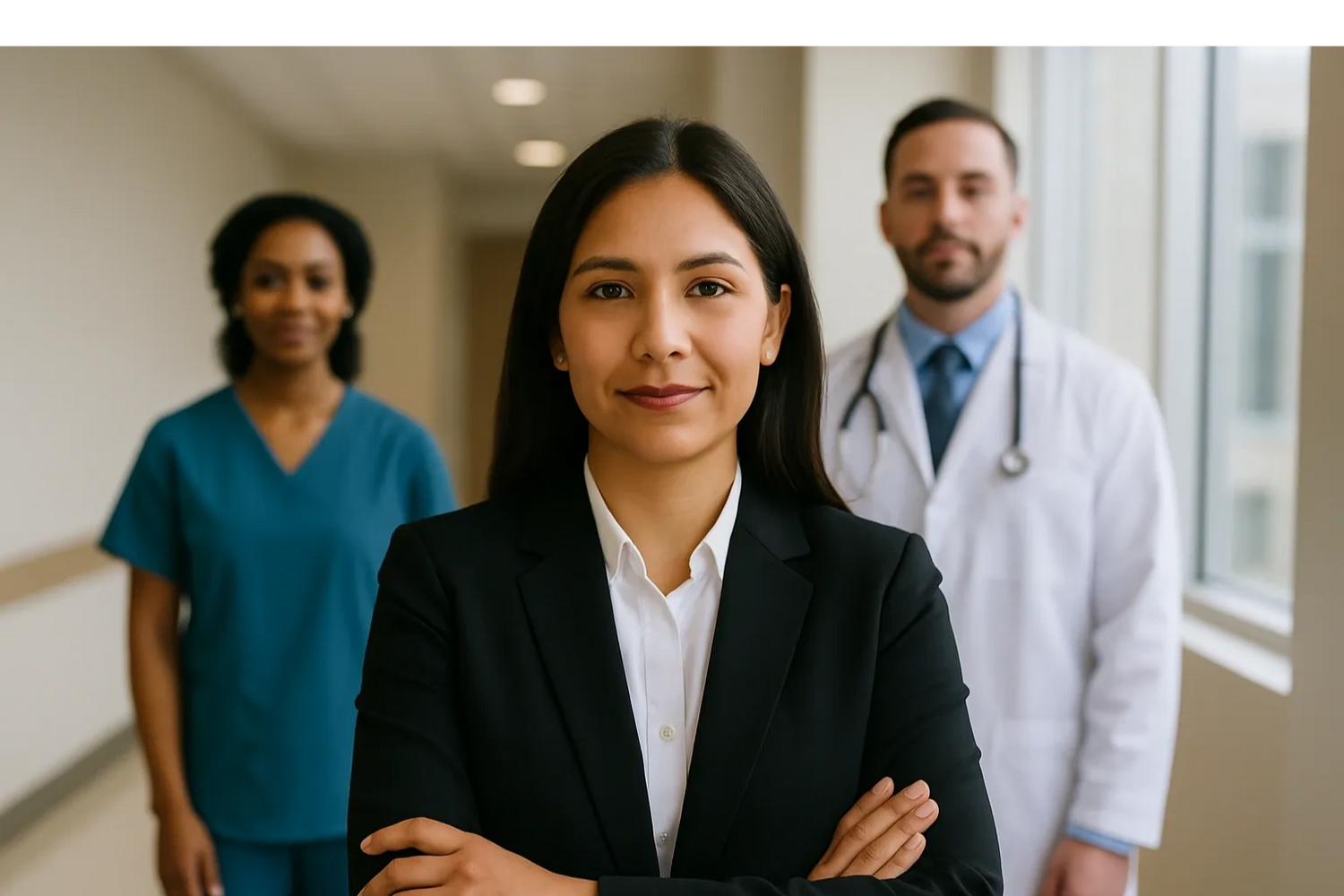 Confident businesswoman standing in front of medical professionals in a hospital corridor.