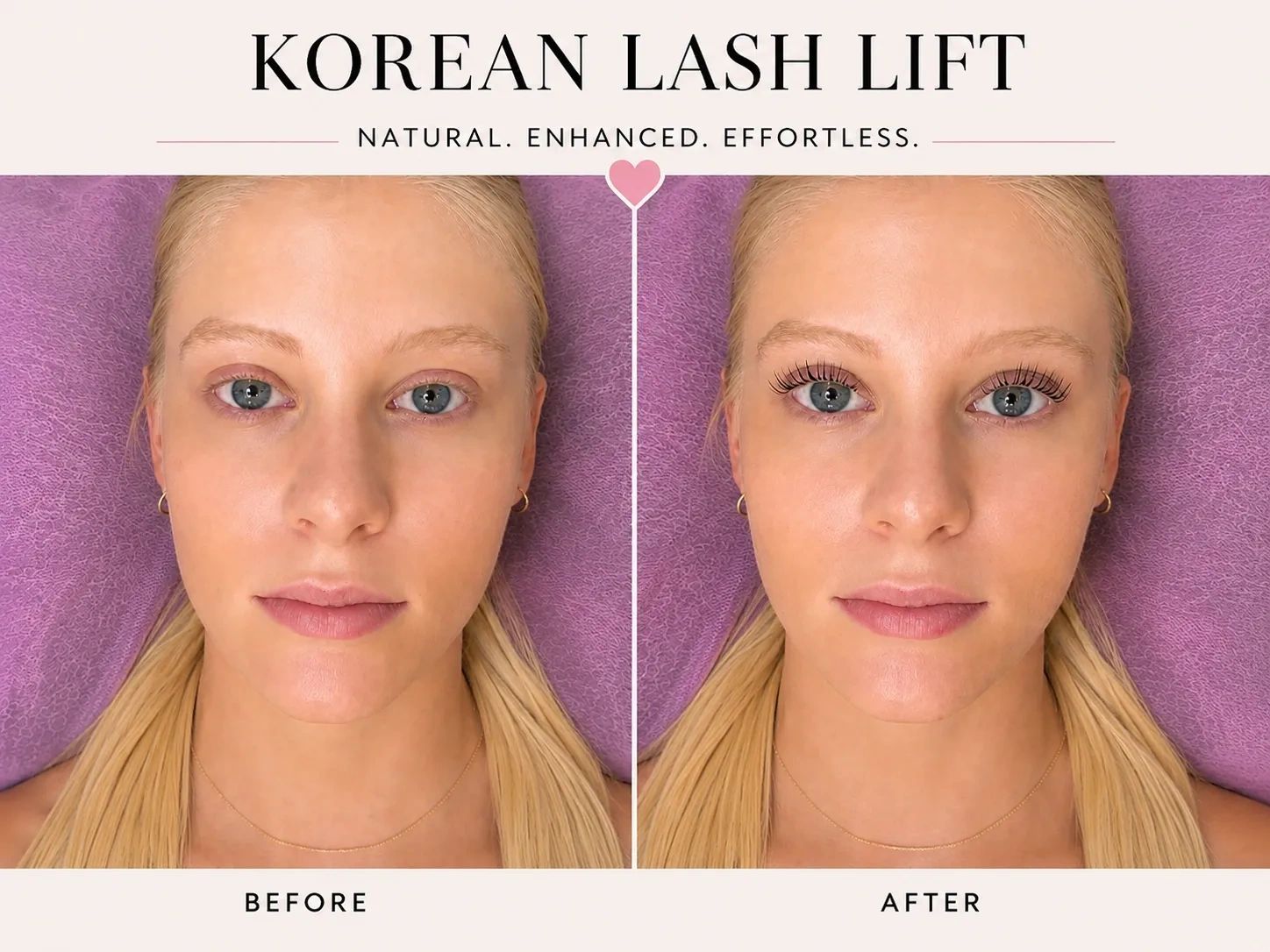Before and after Korean lash lift showing enhanced eyelashes.