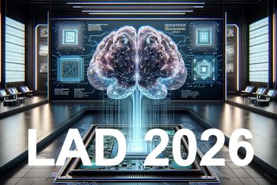 Futuristic lab with a holographic brain display and 'LAD 2026' text.