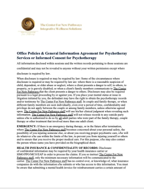 Office Policies & General Information Agreement for Psychotheray