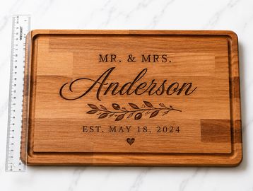 Personalized wooden cutting board with engraved wedding details.