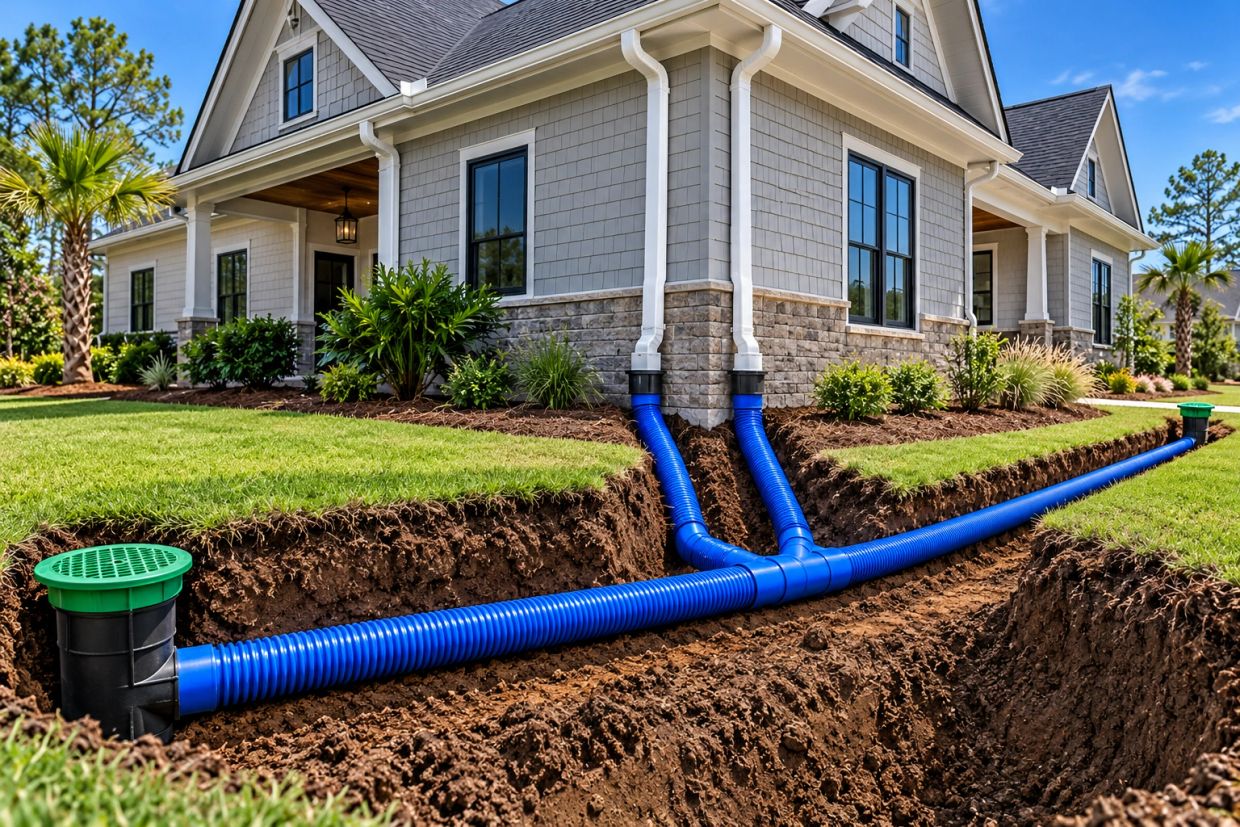 A house with a drainage system installed around its foundation.