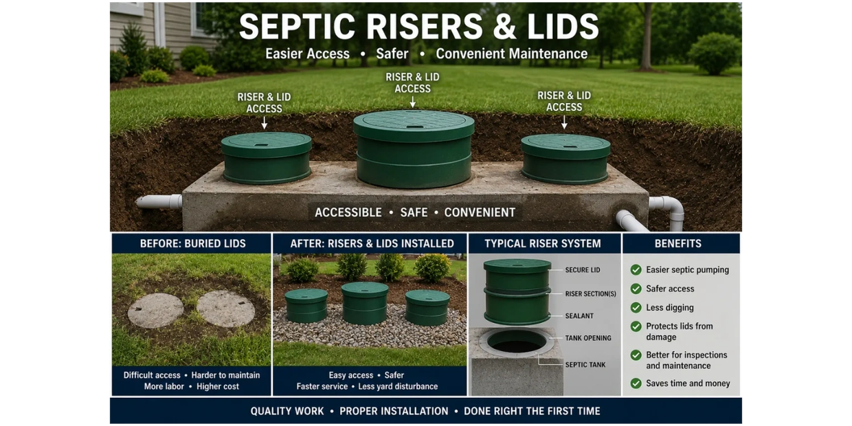 Diagram showing septic risers and lids for easier, safer maintenance.