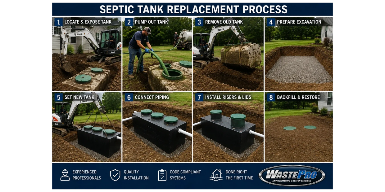 Step-by-step septic tank replacement process with machinery and piping.