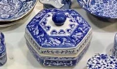 You'll find blue porcelain pieces at Blessings Abound in Overland Park, Kansas.