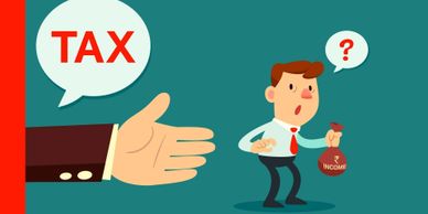 A man confused about income tax with a large hand pointing.