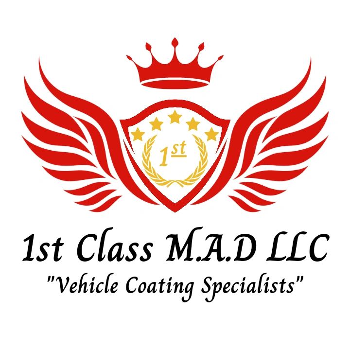 1st Class M.A.D. LLC Logo red shield with 1st, 5 gold stars, and a wreath & wings with a red crown