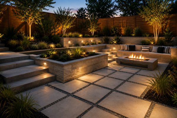 Elegant backyard patio with fire pit and ambient lighting at dusk.