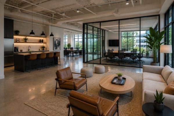 Modern office lounge with leather chairs, glass conference room, and kitchen area.