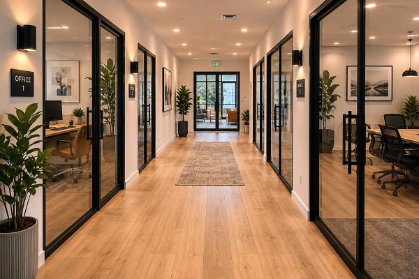 Modern office hallway with glass-walled rooms and wooden flooring.