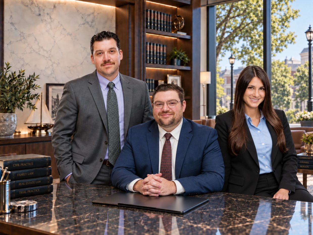 Three professionals posing in an office with law books.