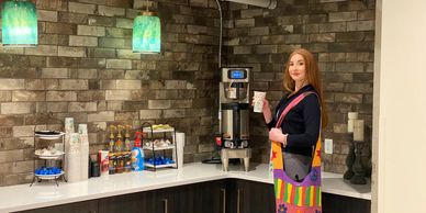 Grab a cup of coffee on your way to work from our coffee bar. Cups and creamer included!
