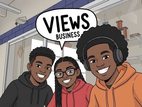 Three smiling young people in hoodies with a 'Views Business' speech bubble.
