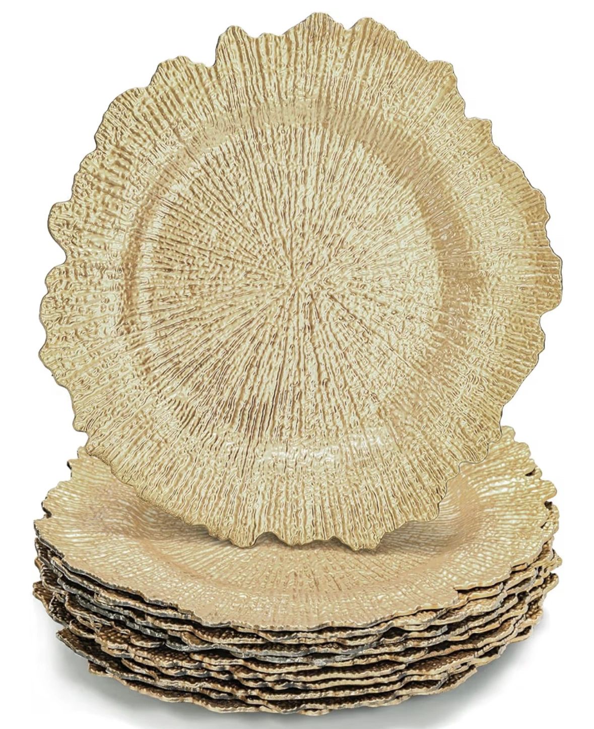 Set of textured, beige ceramic plates with an organic, wavy edge design.