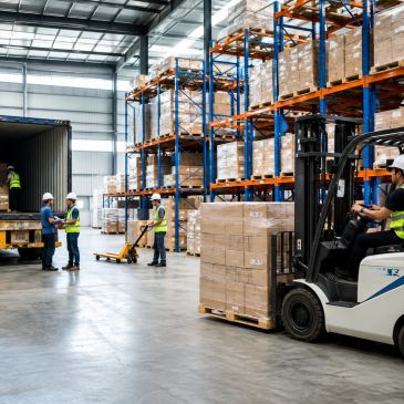 Workers loading and operating forklifts in a warehouse.