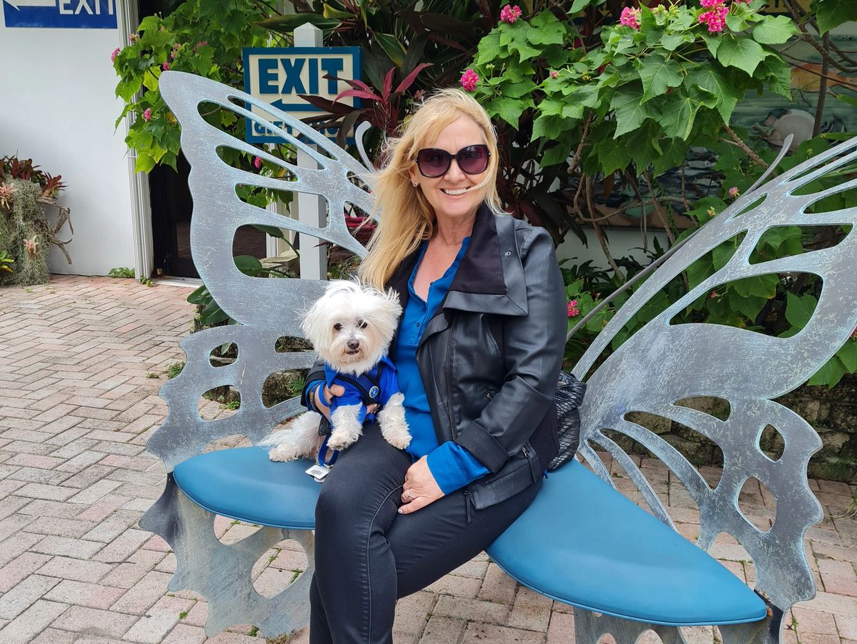 Woman sitting on butterfly bench holding small white dog.