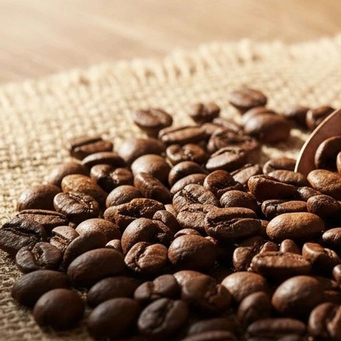 Close-up of coffee beans spilling from a scoop onto a burlap surface.