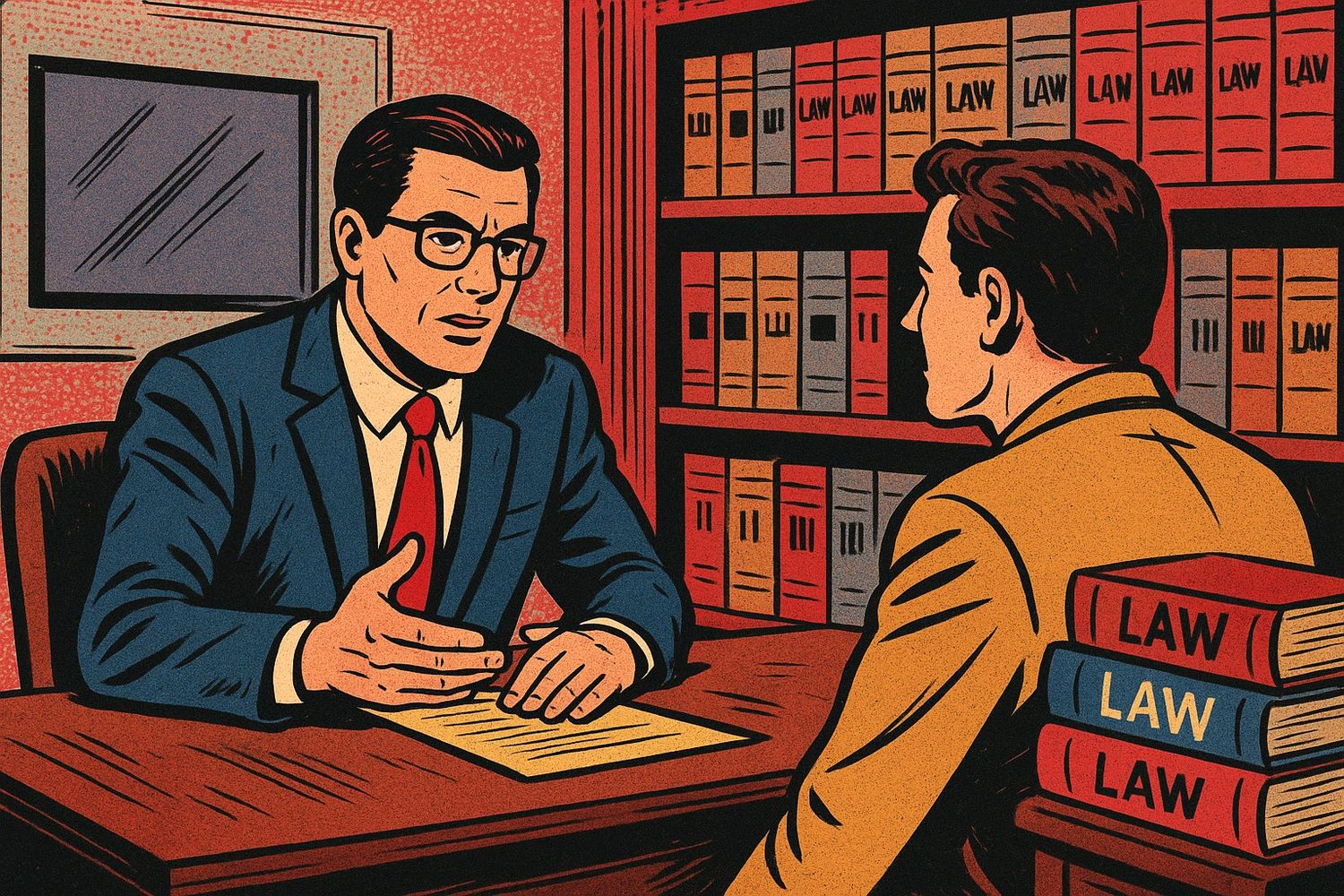 Two men discussing legal matters in an office filled with law books.