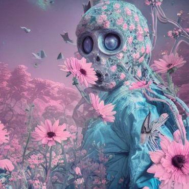 Astronaut and pink flowers