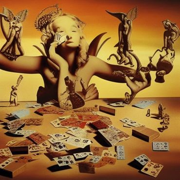 an angel looking at cards