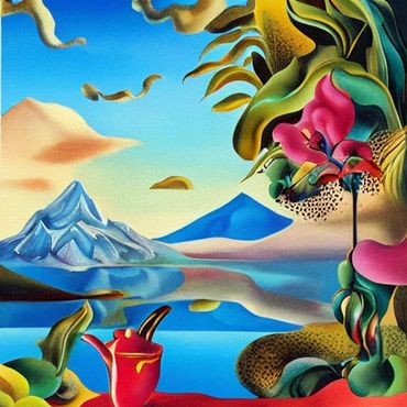 a surrealistic view of mountains and flowers