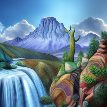 landscape art of a mountain and waterfall, surrounded by rocks.