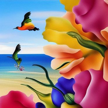 colorful flowers by the beach and flying birds
