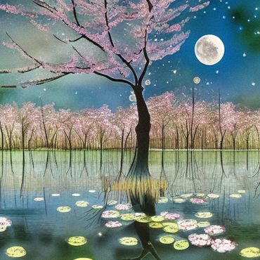 cherry blossom tree and a pond covered by lily pads.