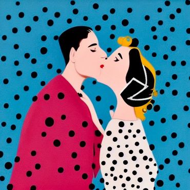 A polka dot themed art of a couple kissing.