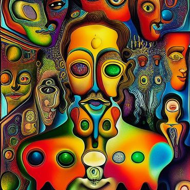 surrealist art of a man and his different personalities