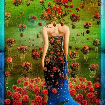 a surrealistic image of a girl standing covered by red roses.