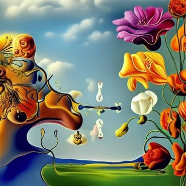 a surrealistic horse that has a violin as a nose, surrounded by flowers.