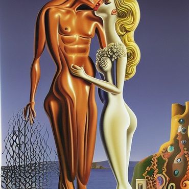 A couple kiss by the ocean.