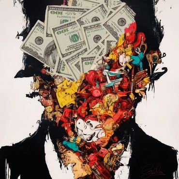 A surreal and abstract art piece of a man with money coming out of his head.