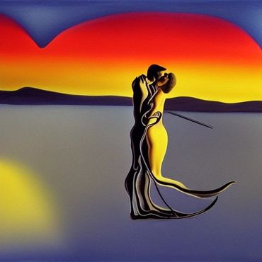 surrealist couple kissing in the sunset.