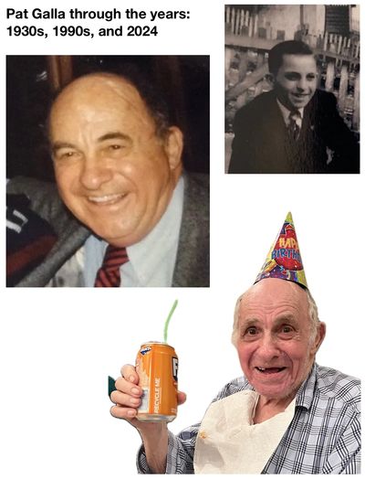 Pat Galla through the years: 1930s, 1990s, 2024.
Young Pat, in a suit, in Lambert, 1930s.
Pat, in a 