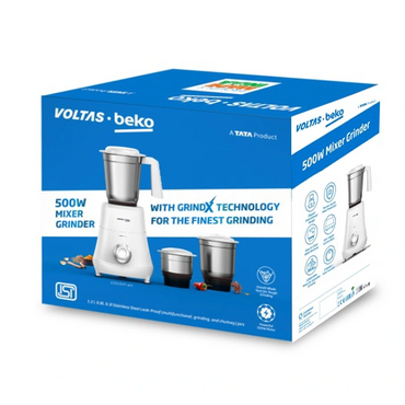 Voltas Beko 500W Mixer Grinder with GrindX Technology in blue and white packaging.
