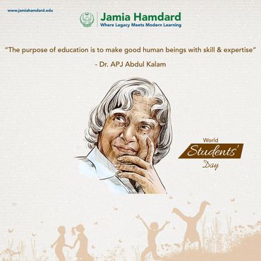 Illustration of Dr. APJ Abdul Kalam with a quote on education for World Students' Day by Jamia Hamdard.