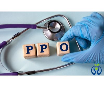 Gloved hand arranging wooden blocks spelling PPO with a stethoscope nearby.