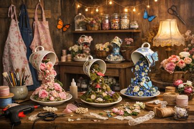 Handmade floating teacup home decor designs with cascading flowers, displayed in a studio setting
