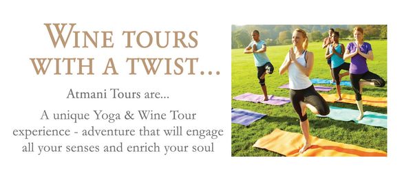 image that reads "wine tours with a twist" and a photo of people doing yoga