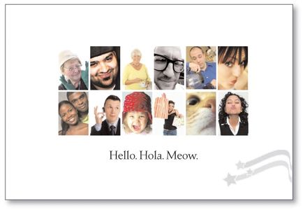 A collage with text underneath "Hello. Hola. Meow."
