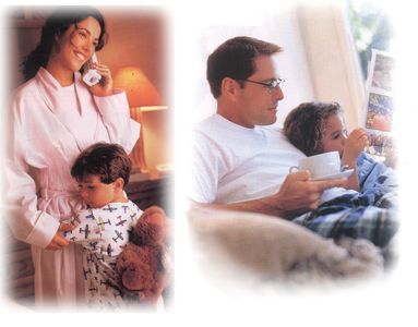 left to right: a mother holding a phone with her son and a father sitting with his daughter