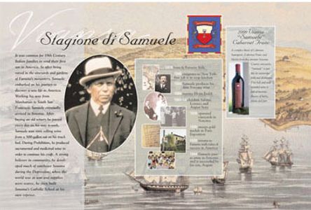 Viansa's signage that shares information about tasting notes and the founder's family history