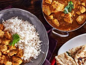 Quick  Chicken Dinner  plate consisting, starter 1, Plain rice, Flavored Rice, Roti or poori, Dal of